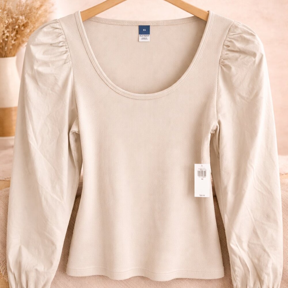 Cream Ribbed Puff Sleeve Top